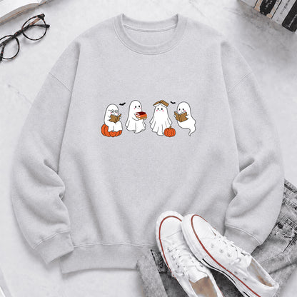 Halloween Ghosts Reading Printed Sweatshirt | Spooky Book Lover Gift Sport Grey