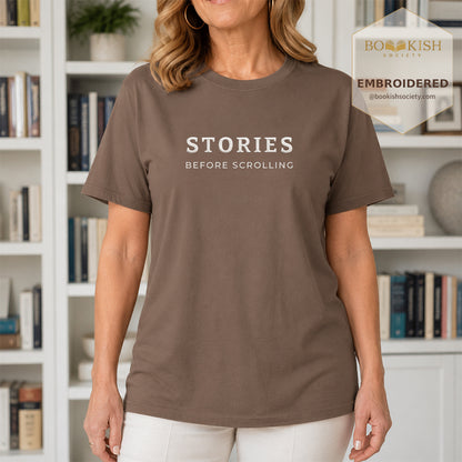 Embroidered Stories Before Scrolling Comfort Color® T-shirt Book Lover Gift Espresso