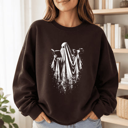 Reading Gym Ghost Printed Sweatshirt | Halloween Book Lover Gift Dark Chocolate