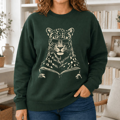 Leopard Reading Book Crewneck Sweatshirt | Reader Gift Forest Green
