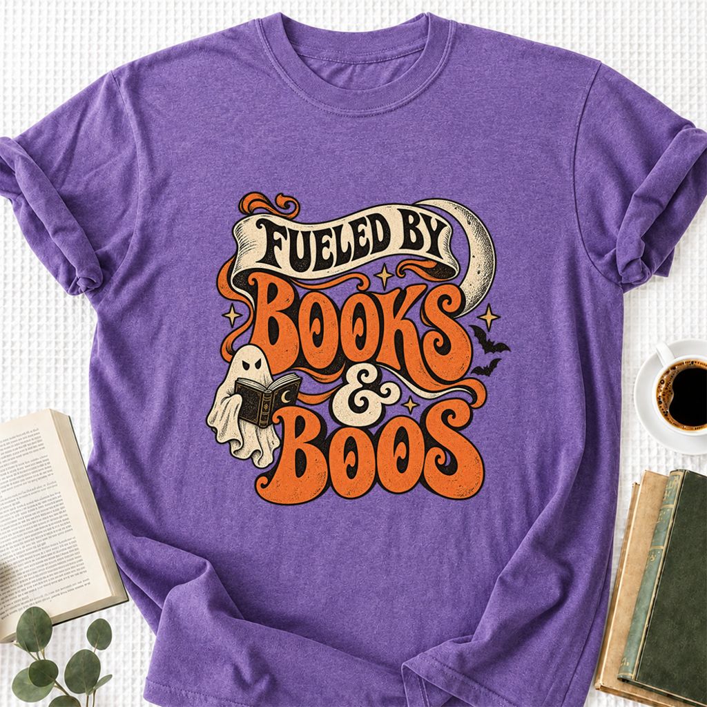 Fueled By Books & Boos Printed T-Shirt | Halloween Book Lover Gift Heather Purple