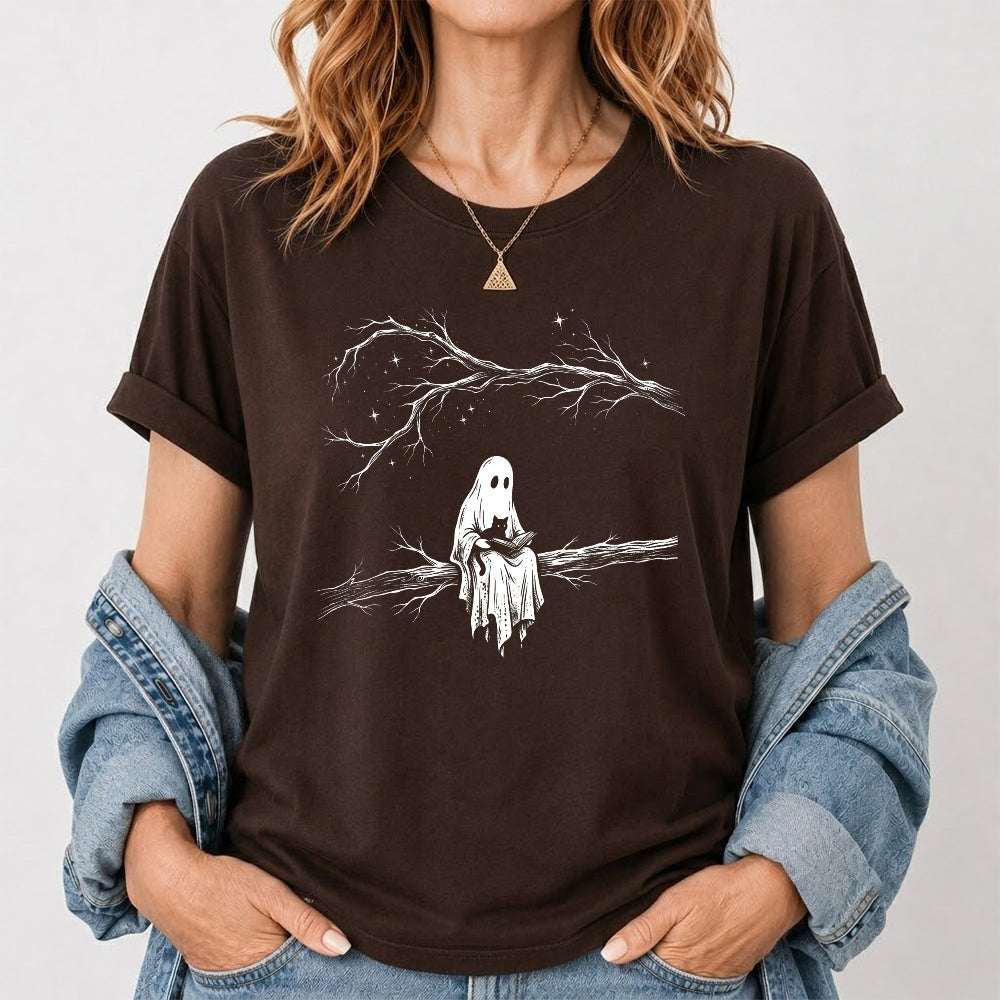 Reading Ghost With Black Cat Printed T-Shirt | Halloween Cat Lover Reader Gift Dark Chocolate