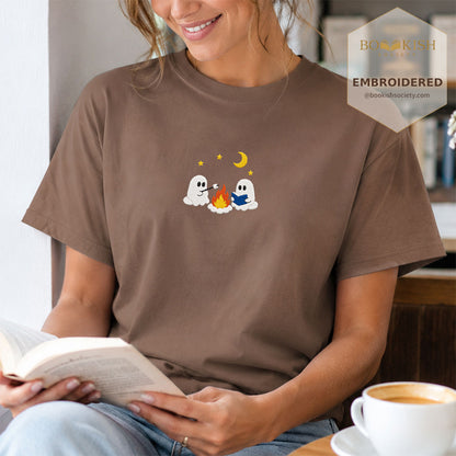 Embroidered Cute Ghost Camping Comfort Color® T-shirt Book Lover Gift Espresso