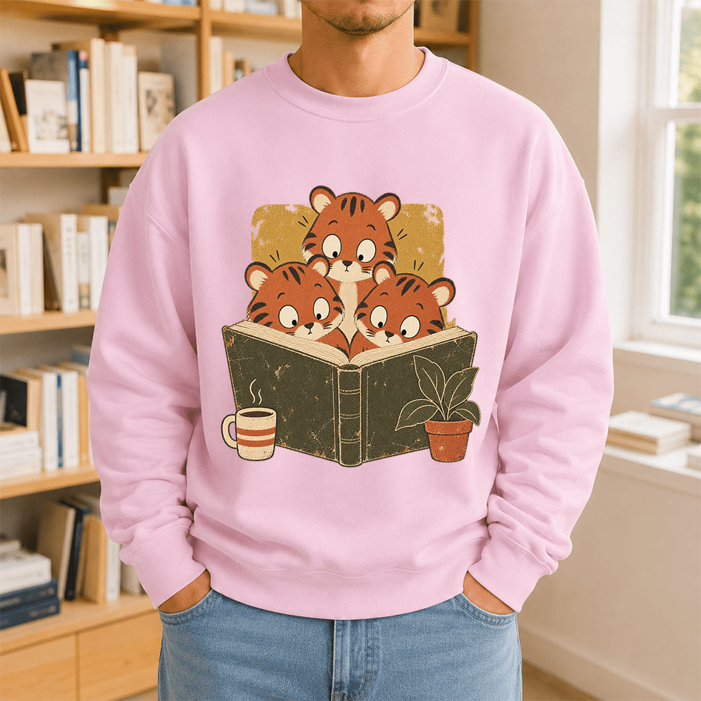 Minimal Japanese Tigers Reading Crewneck Sweatshirt | Reader Gift Light Pink