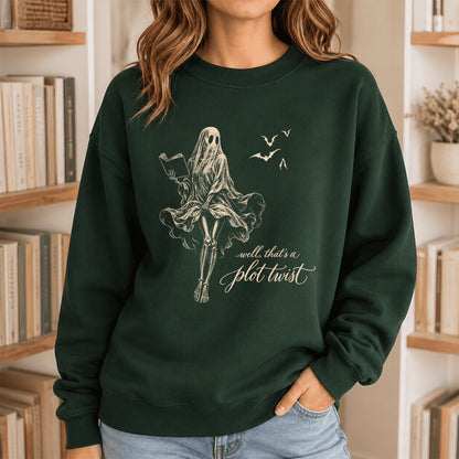Funny Dress-Wearing Bookworm Ghost Printed Sweatshirt | Halloween Reader Gift Forest Green