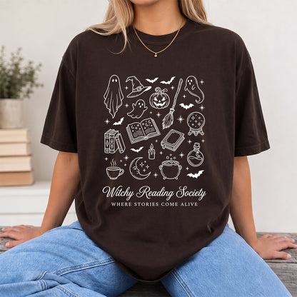 Witchy Reading Society Printed T-Shirt | Halloween Reader Gift Dark Chocolate