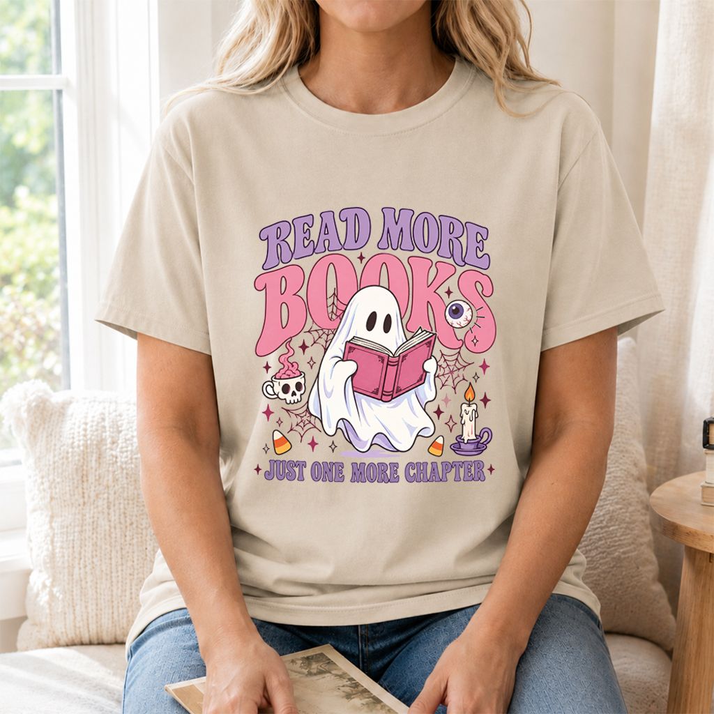 Read More Books Ghost Printed T-Shirt | Halloween Book Lover Gift Sand