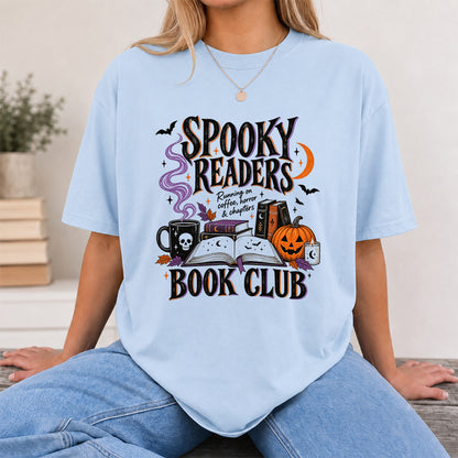 Spooky Readers Book Club Printed T-Shirt | Halloween Book Lover Gift Light Blue