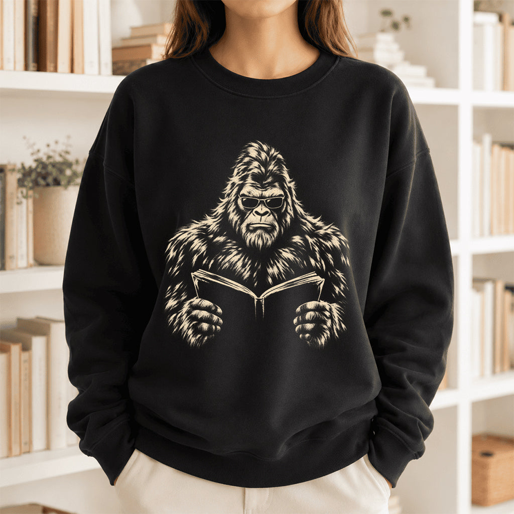 Big Foot Reading Book Crewneck Sweatshirt | Reader Gift Black