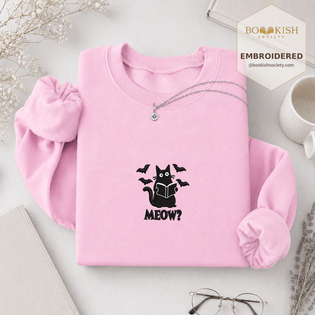 Halloween Meow Embroidered Sweatshirt | Spooky Book Lover Gift Light Pink