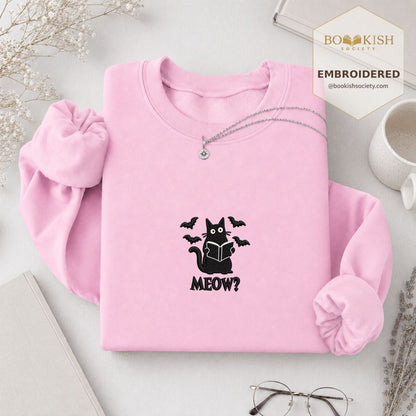 Halloween Meow Embroidered Sweatshirt | Spooky Book Lover Gift Light Pink