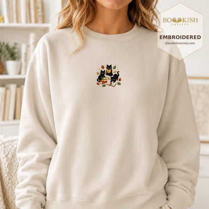 Cat Catching Leaves Embroidered Sweatshirt | Reader Gift Sand