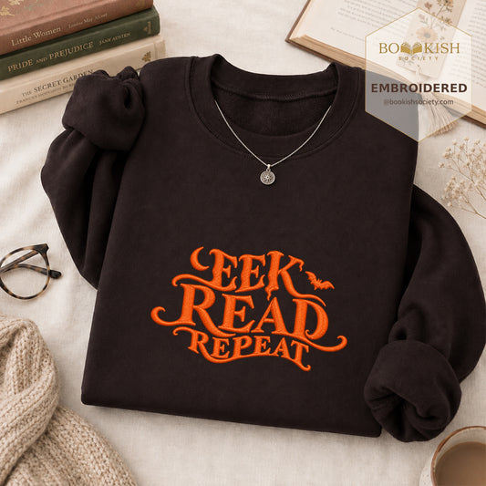 Eek Read Repeat Embroidered Sweatshirt | Halloween Horror Reader Gift Dark Chocolate