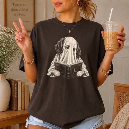 Reading Ghost Dog Printed T-Shirt | Halloween Dog Lover Gift Dark Chocolate