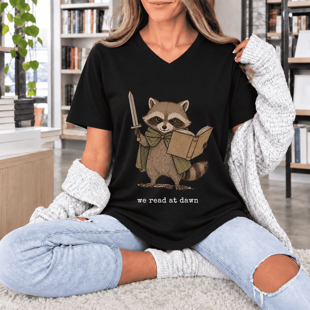 We Read At Dawn Funny Racoon Ultra-Soft V-Neck | Cozy Book Lover Gift Black