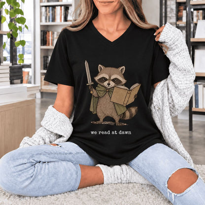 We Read At Dawn Funny Racoon Ultra-Soft V-Neck | Cozy Book Lover Gift Black