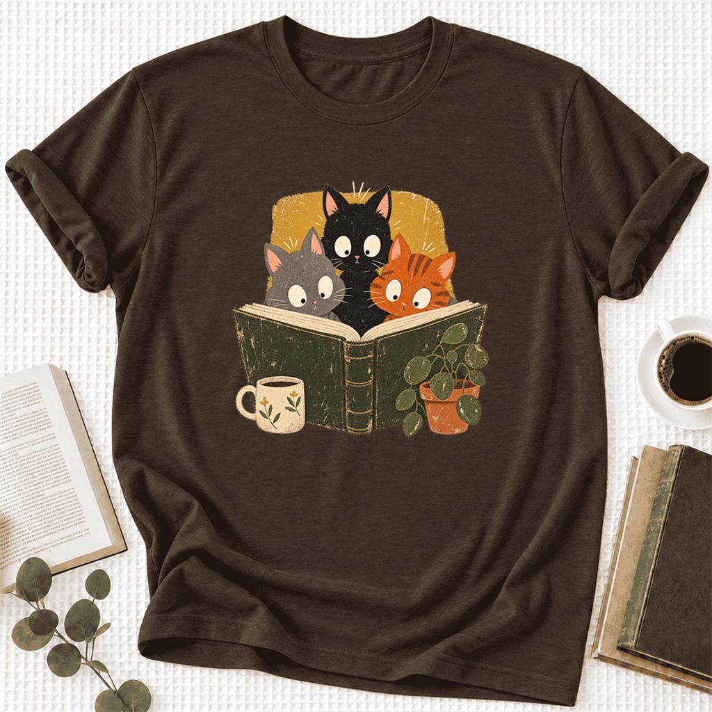 Curious Reading Cats Ultra-Soft Cotton T-Shirt | Cat Lover Reader Gift Brown