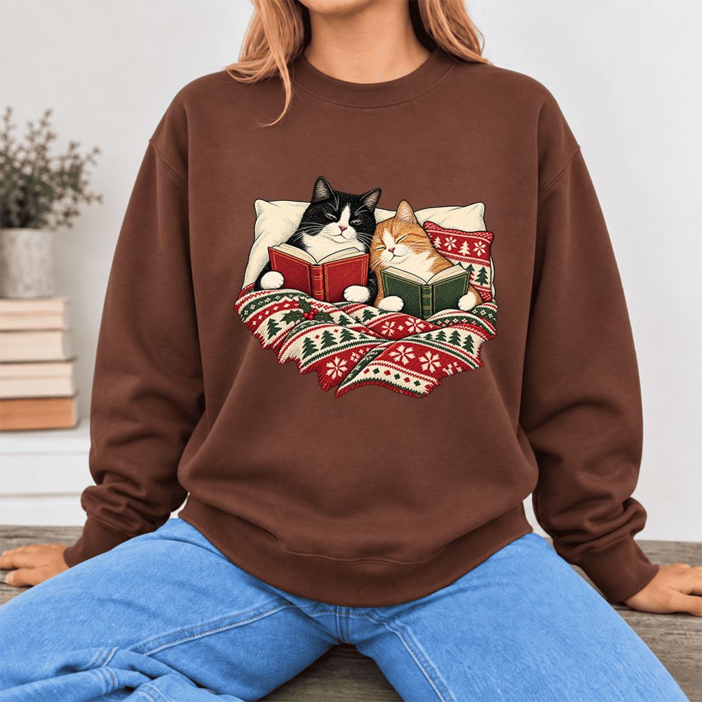 Christmas Reading Cat Couple Softstyle Sweatshirt | Cozy Christmas Gift Cocoa