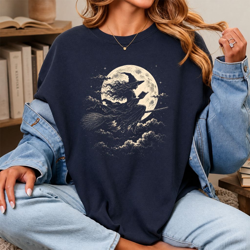 Reading Witch On The Flying Broom Printed T-Shirt | Halloween Book Lover Gift Navy