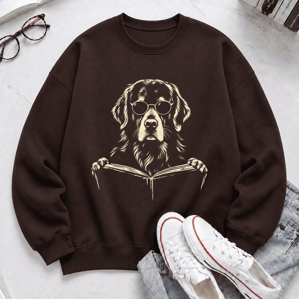 Golden Retriever Reading Book Crewneck Sweatshirt | Reader Gift Dark Chocolate
