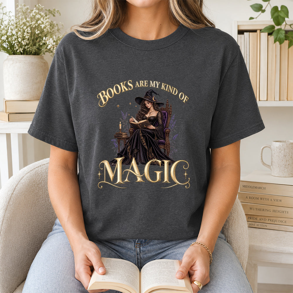 Books Are My Kind Of Magic Printed T-Shirt | Halloween Feminine Magic Reader Gift Dark Heather