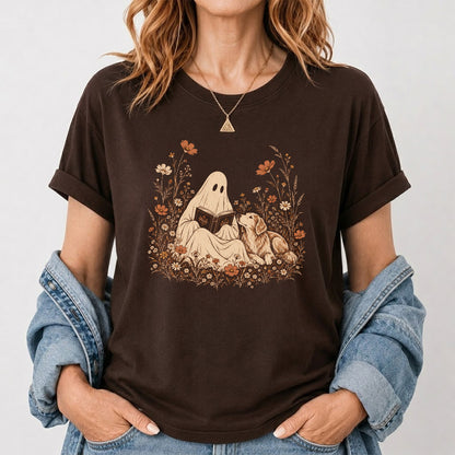 Ghost Wildflowers With Book And Golden Retriever Printed T-Shirt | Halloween Dog Lover Gift Dark Chocolate
