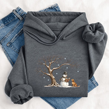 Golden Retriever And Snowman Under Tree Softstyle Hoodie | Christmas Reader Gift Dark Heather