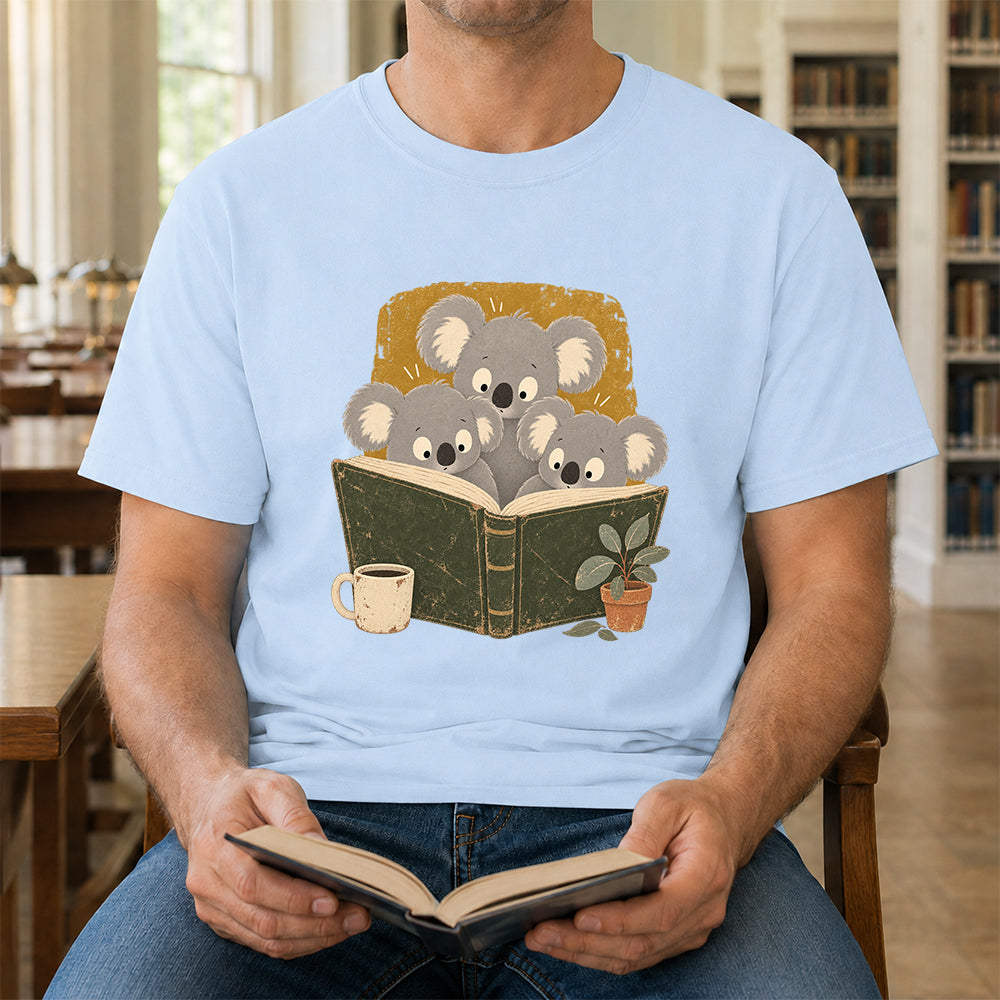 Minimal Japanese Koalas Reading Softstyle T-Shirt | Book Lover Gift Light Blue