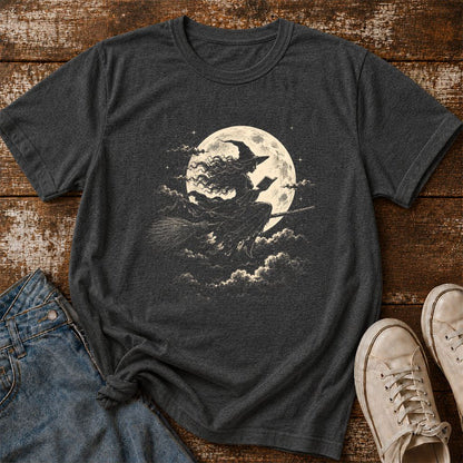 Reading Witch On The Flying Broom Printed T-Shirt | Halloween Book Lover Gift Dark Heather