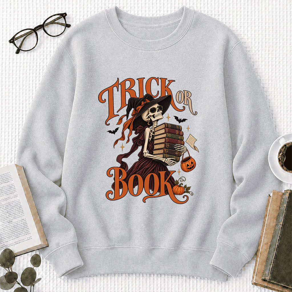 Trick Or Book Printed Sweatshirt | Halloween Book Lover Gift Sport Grey