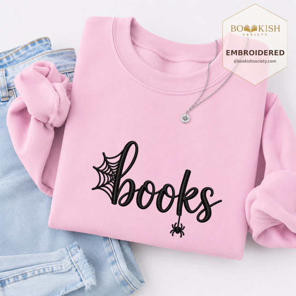 Halloween Books Embroidered Sweatshirt | Spooky Book Lover Gift Light Pink