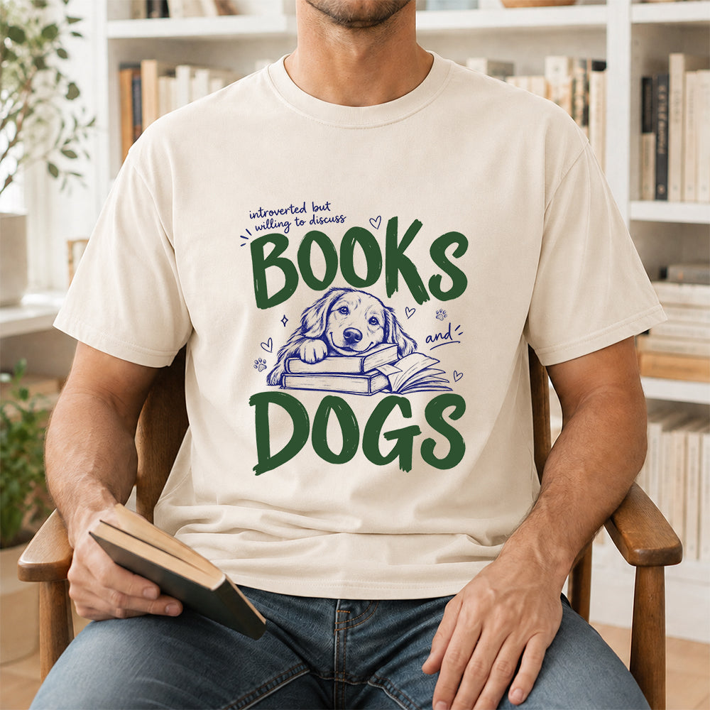 Introverted But Willing To Discuss Books And Dogs Cotton T-Shirt | Dogs Lover & Reader Gift Natural