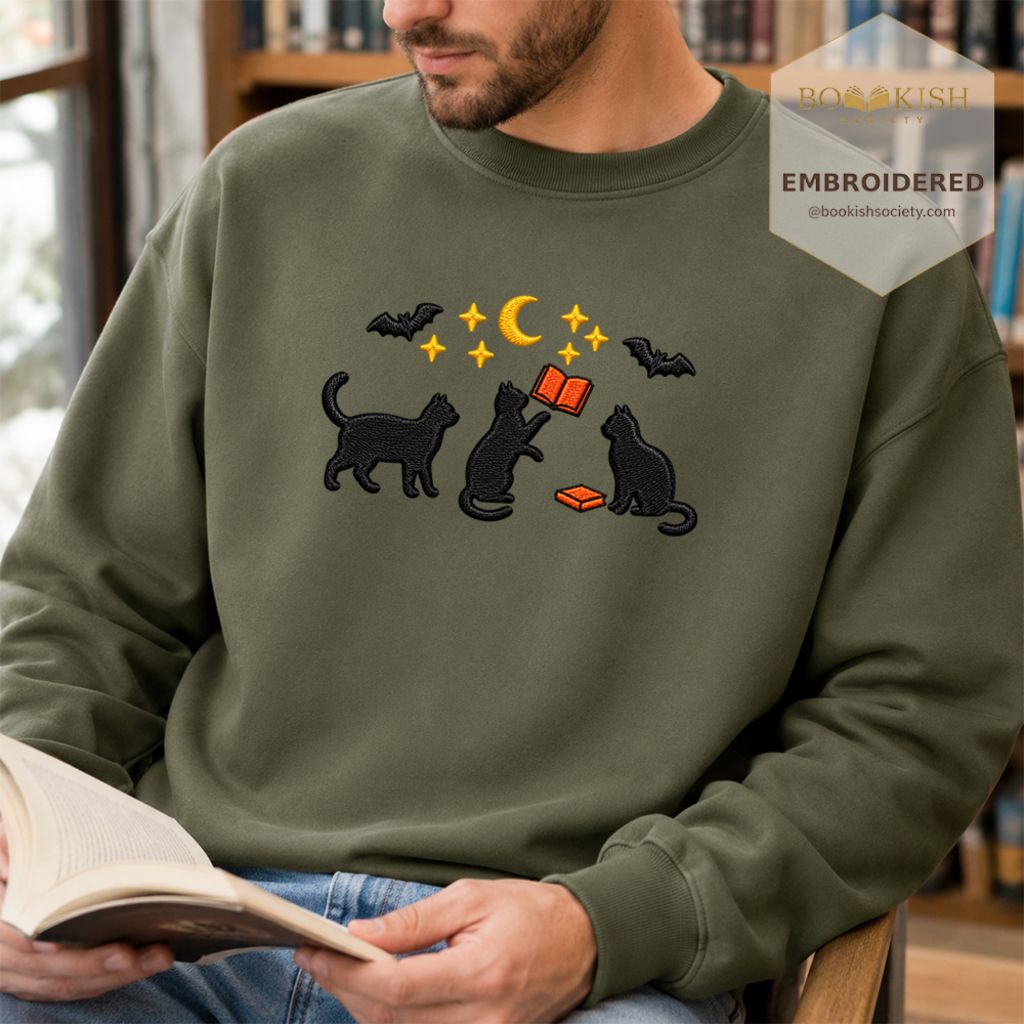 Black Cats With Books Embroidered Sweatshirt | Spooky Reader Gift Military Green