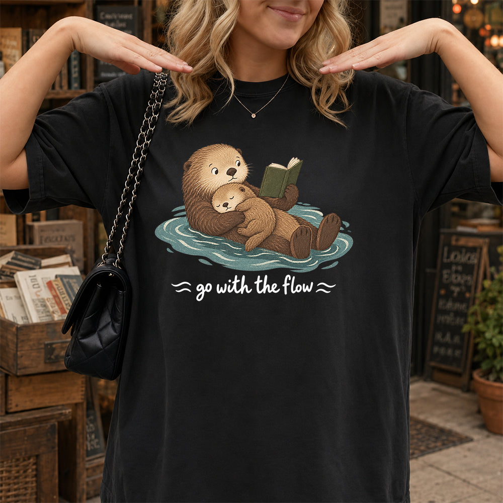 Go With The Flow Otter Reading Softstyle T-Shirt | Book Lover Gift Black