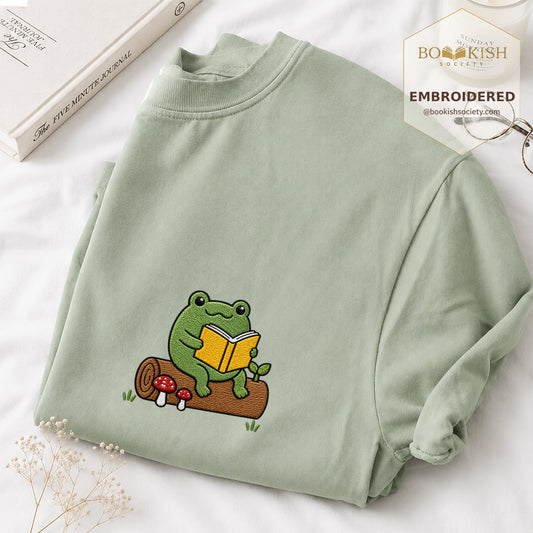 Embroidered Frog on Log Reading Book Comfort Color® T-shirt Book Lover Gift Bay