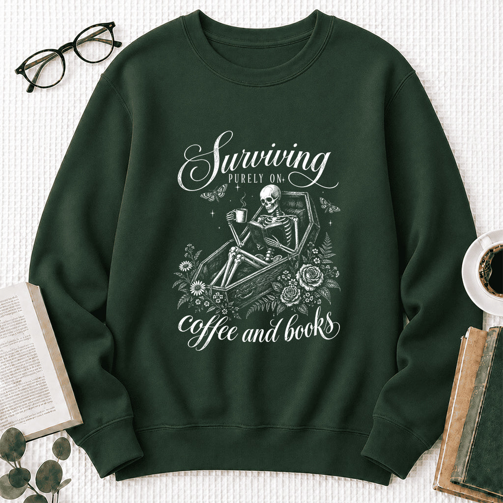 Surviving Purely On Coffee And Books Printed Sweatshirt | Halloween Reader Gift Forest Green