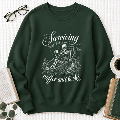 Surviving Purely On Coffee And Books Printed Sweatshirt | Halloween Reader Gift Forest Green