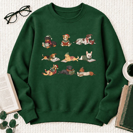 Christmas Dogs Reading Book Softstyle Sweatshirt | Christmas Dog Mom Reader Gift Forest Green