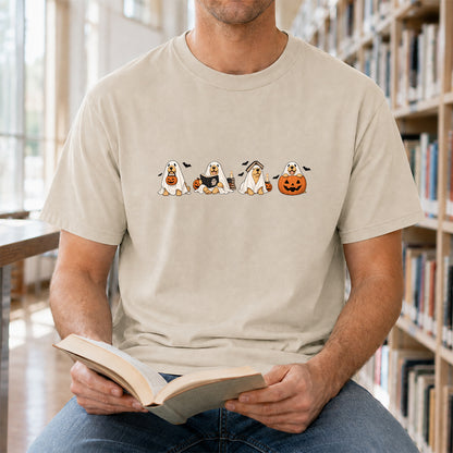 Spooky Golden Retrievers Book Club Printed T-Shirt | Halloween Book Lover Gift Sand