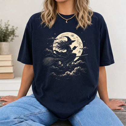 Reading Witch On The Flying Broom Printed T-Shirt | Halloween Book Lover Gift Navy