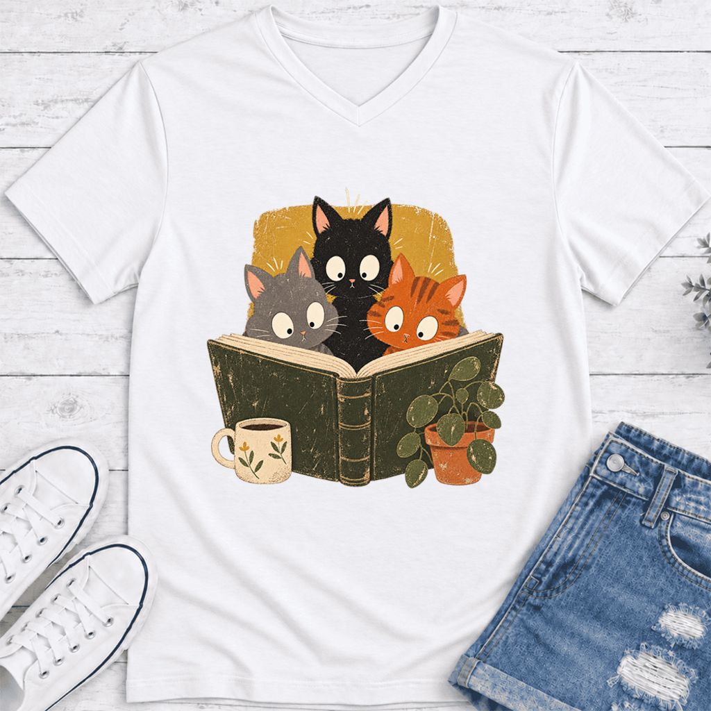 Curious Reading Cats Ultra-Soft V-Neck | Cat Lover Reader Gift White