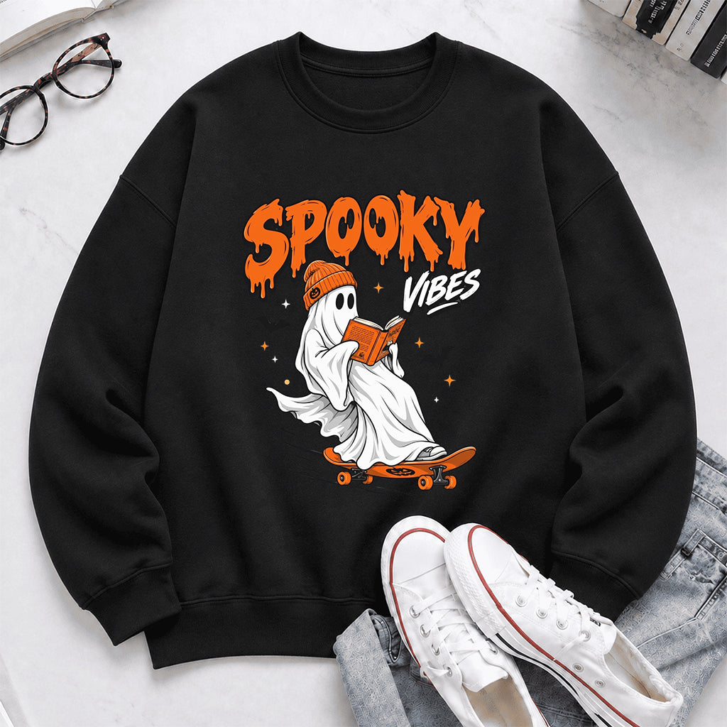 Spooky Vibes Printed Sweatshirt | Halloween Reader Gift Black