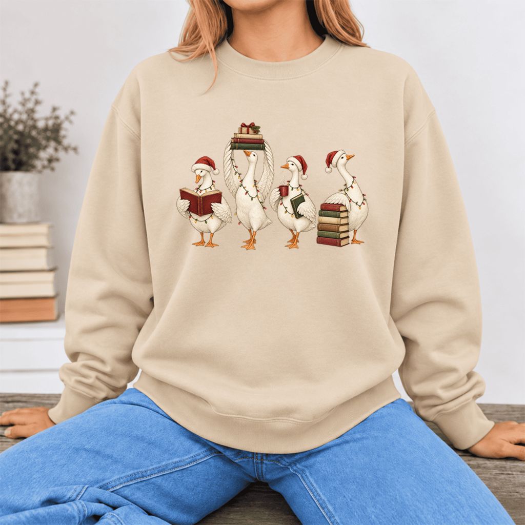 Christmas Reading Ducks Softstyle Sweatshirt | Christmas Book Lover Gift Sand