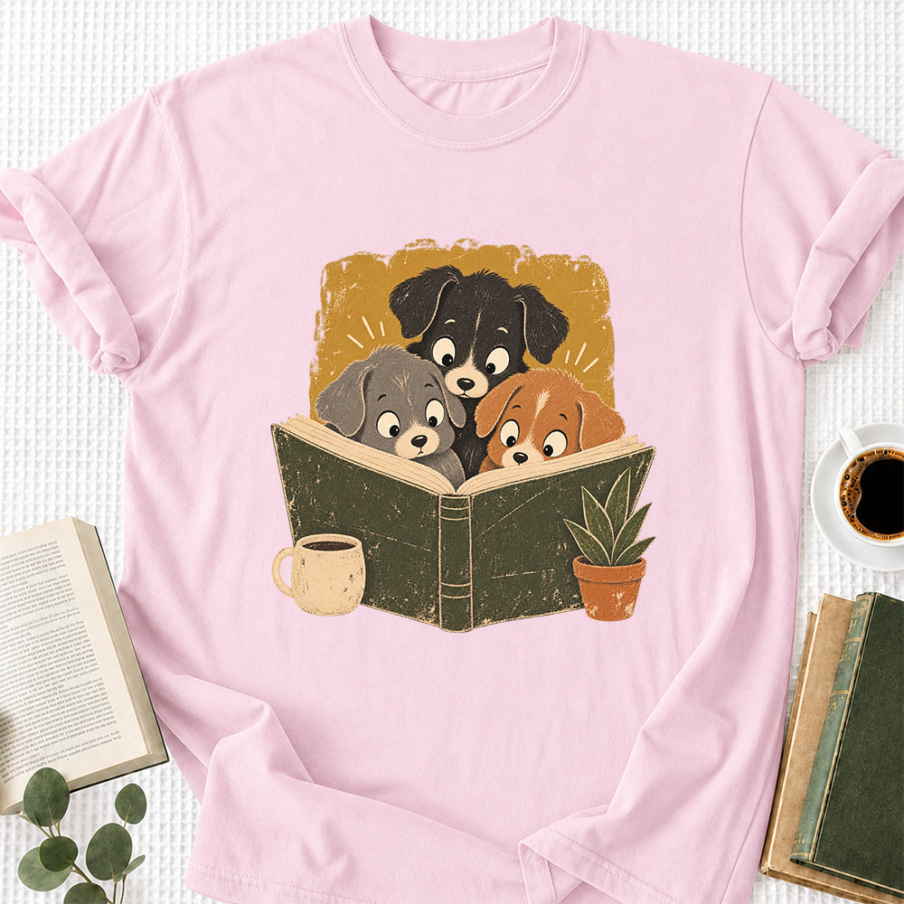 Minimal Japanese Dogs Reading Softstyle T-Shirt | Book Lover Gift Light Pink