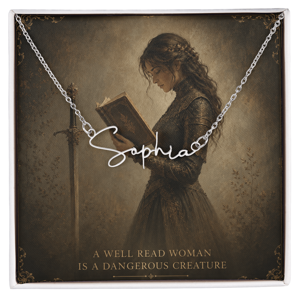 A Well Read Woman Is A Dangerous Creature Decorative Card And Custom Name Polished Stainless Steel Necklace With Box Book Lover Gift Font 2