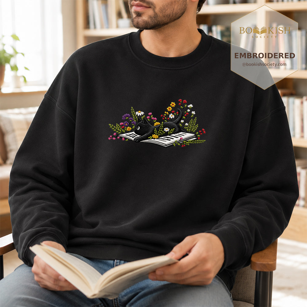 Cat and Book Embroidered Sweatshirt | Reader Gift Black