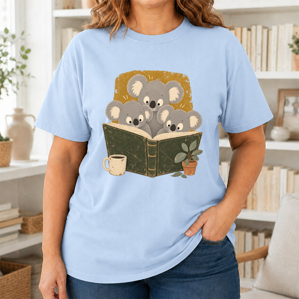 Minimal Japanese Koalas Reading Softstyle T-Shirt | Book Lover Gift Light Blue