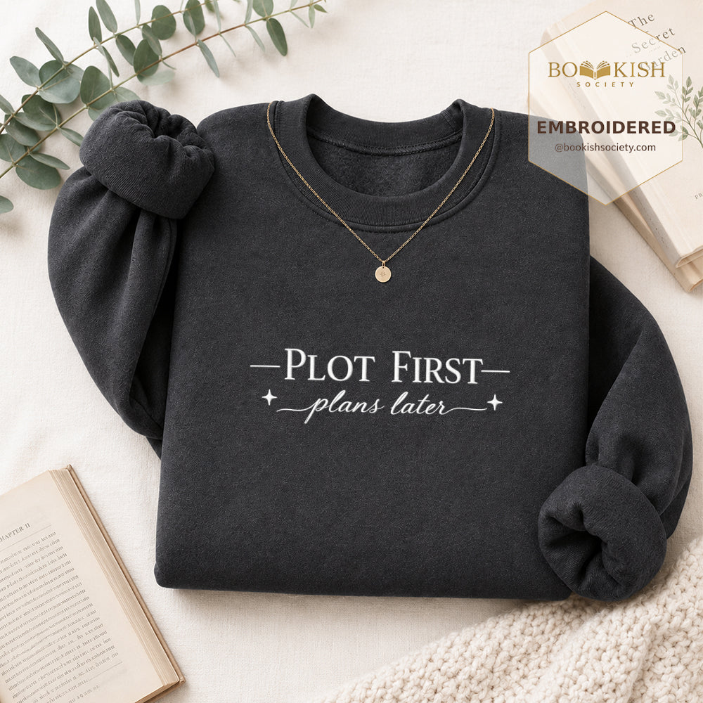 Plot First Plans Later Embroidered Sweatshirt | Reader Gift Dark Heather