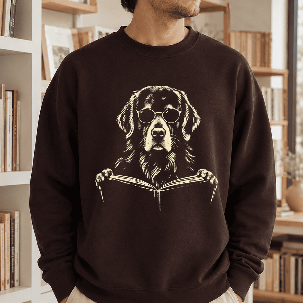 Golden Retriever Reading Book Crewneck Sweatshirt | Reader Gift Dark Chocolate