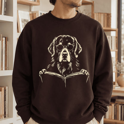 Golden Retriever Reading Book Crewneck Sweatshirt | Reader Gift Dark Chocolate
